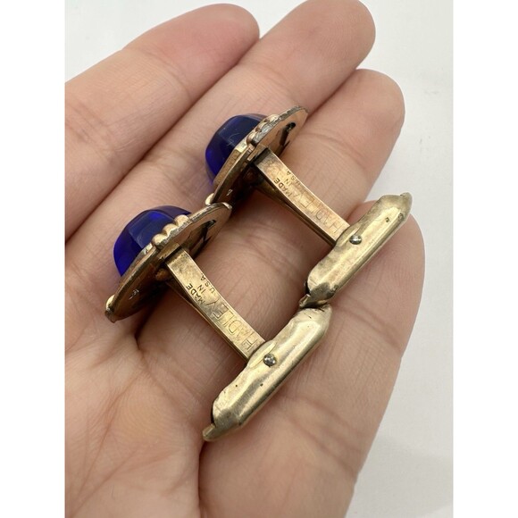 Vintage Blue Glass Cabochon Gold Plated Cuff Links by Hadley - Picture 5 of 6